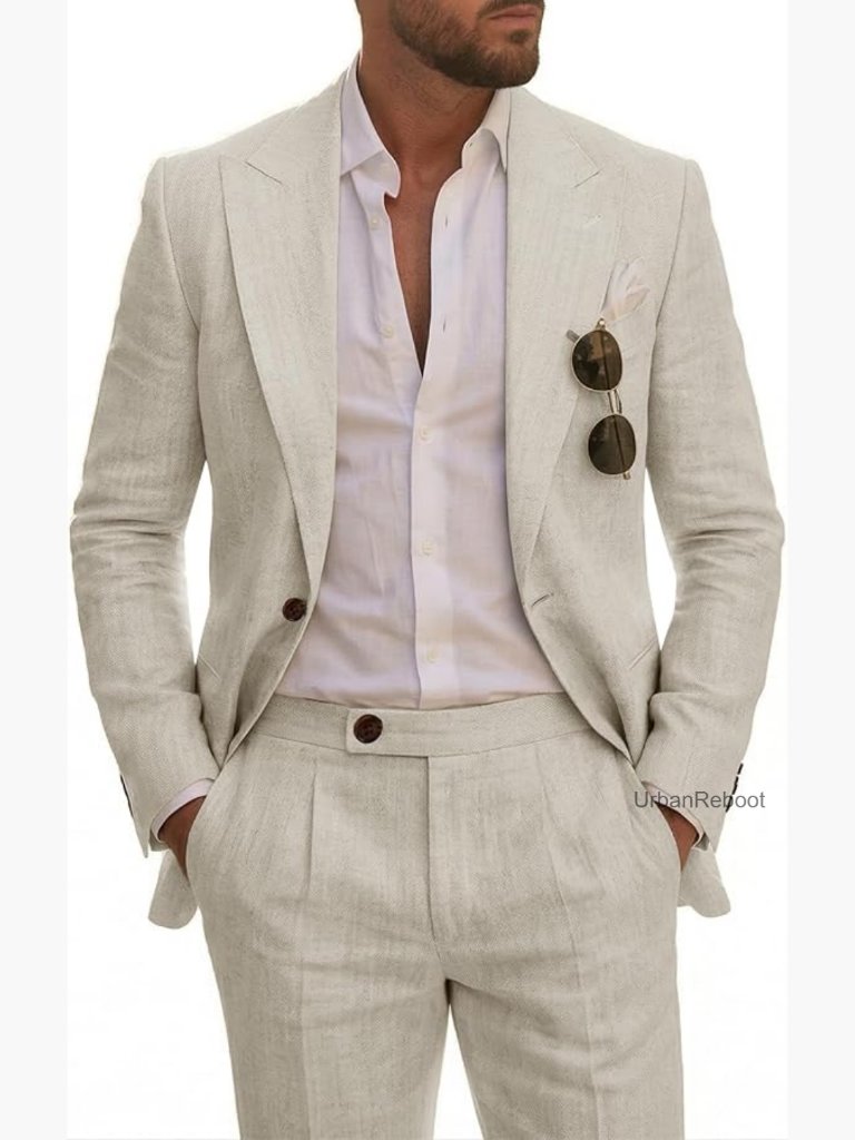 Men's Linen Suit 2 Piece Set Slim Fit Business Wedding Groomsmen Casual Prom